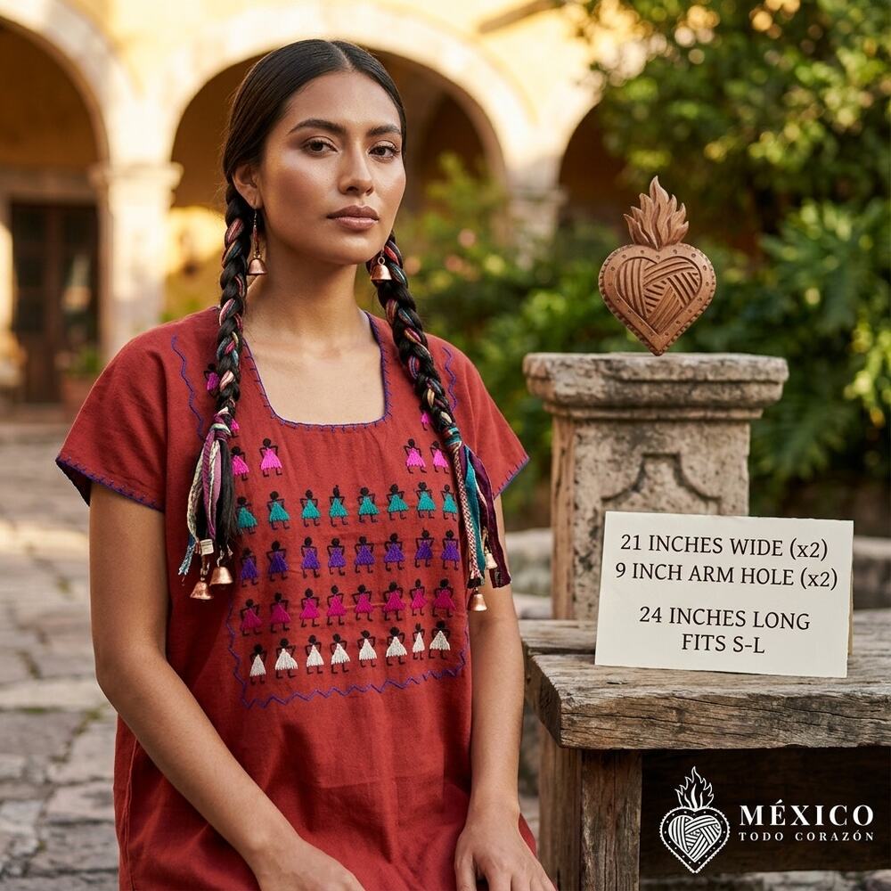 Traditional Mexican Huipil HAND EMBROIDERED – Handmade artisinal Manta Top S M